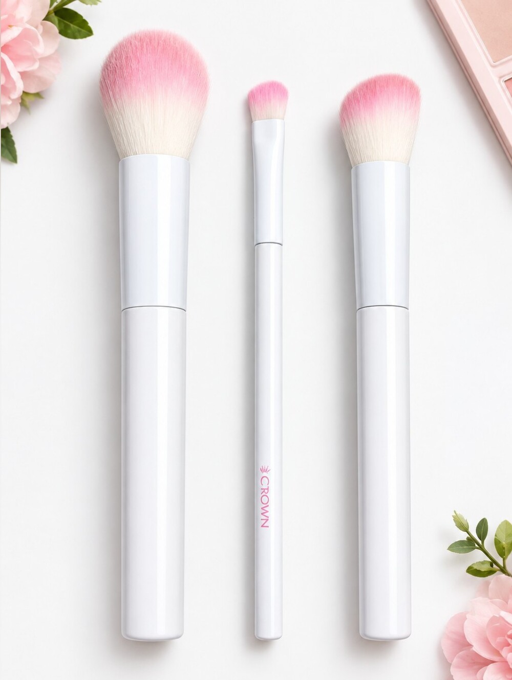 Makeup Brush Set 3 Piece Crown Pink & White Synthetic Bristle Cosmetics Tools